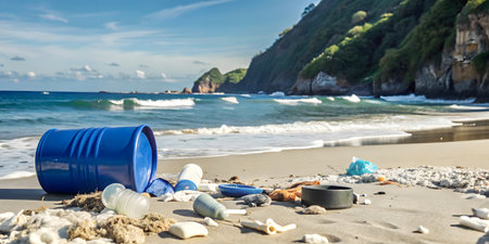 Plastic pollution with blue drum on island beach shoreline sceneの素材