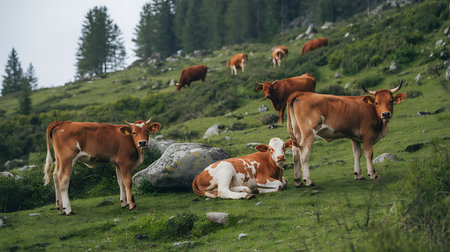 Cows grazing on a lush green hillside with scattered rocks and treesの素材