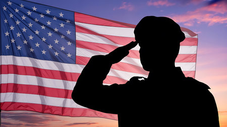 Soldier saluting the american flag at sunset honoring veterans and patriotismの素材