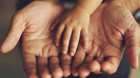 A childs hand rests gently in the palm of an adult symbolizing care and loveの素材