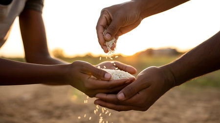 Sharing rice grains a symbol of generosity and community support in agricultureの素材