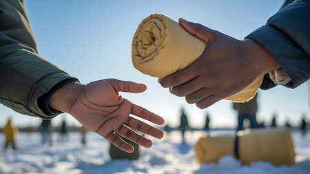 Hands exchange blanket in snowy outdoor relief sceneの素材