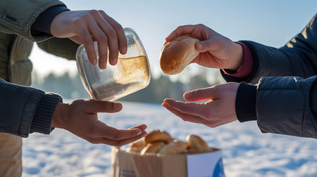 Hands distribute soup and bread in cold weather aid effortの素材