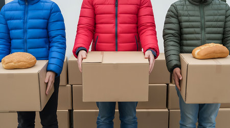 Three volunteers distribute bread and aid boxes outdoorsの素材