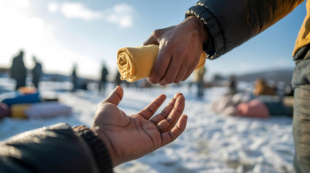 Hands share yellow blanket during snowy outdoor relief effort with people nearbyの素材