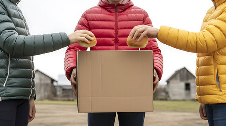 Volunteer standing with empty box as food distribution begins for needyの素材
