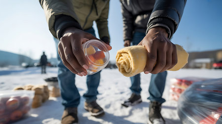 Relief workers distributing blankets and food to people during winter emergencyの素材