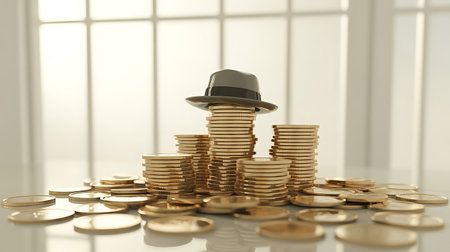 Stack of gold coins topped with graduation cap for financial planningの素材