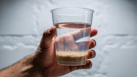 Closeup of a hand holding a plastic cup with water and sediment at the bottomの素材