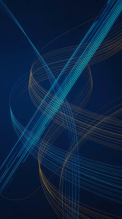 Abstract background featuring intersecting and swirling lines in blue and gold tonesの素材