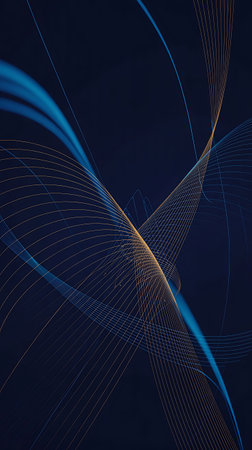 Abstract background featuring intersecting blue and gold lines on a dark blue backdropの素材