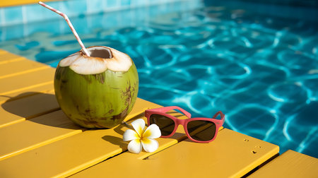 coconut drink with sunglasses and flower on yellow deck near blue waterの素材