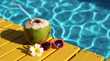 coconut drink with a straw and sunglasses by a pool on a yellow deckの素材