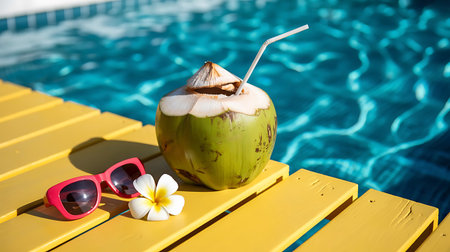 Coconut drink with straw and pink sunglasses by the poolside on a sunny dayの素材