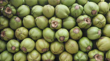 Green coconuts piled together with visible brown cut spotsの素材