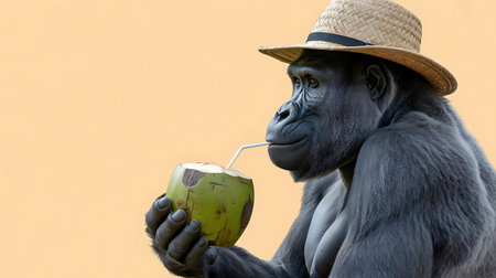 Gorilla wearing a hat and drinking from a coconut with a straw on beigeの素材