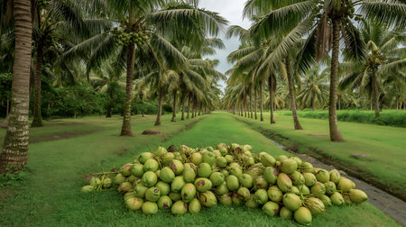 Green coconuts piled in a grove of palm trees on a sunny outdoor day reflecting tropical freshness and natural farmingの素材