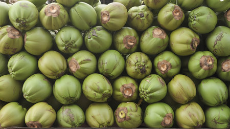 Large pile of green coconuts with tops cut off revealing brown shell, closely stacked in natural light full frameの素材