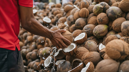Person in red shirt holding coconut with water splashing beside large pile of whole and split coconuts in market sceneの素材