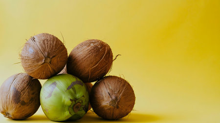 Brown ripe coconuts with single green unripe coconut in pyramid stack set against plain yellow backgroundの素材