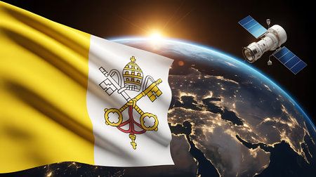 Vatican city flag waving in space with earth and satellite in the backgroundの素材