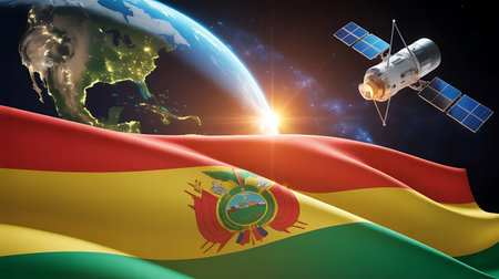 Bolivian flag waving in space with satellite and earth in the backgroundの素材