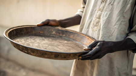 African man holding empty plate symbolizing poverty and hungerの素材
