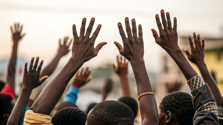 A crowd of people raising their hands in the air in a display of unityの素材