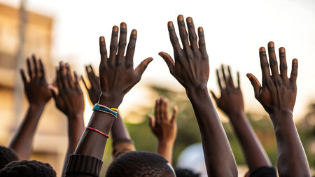 African descent hands raised in the air with bracelets in outdoor settingの素材