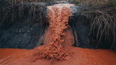 A cascade of muddy water pours into a pool creating a striking visual effectの素材
