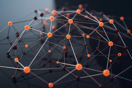 Abstract network structure with orange and dark nodes connected by linesの素材