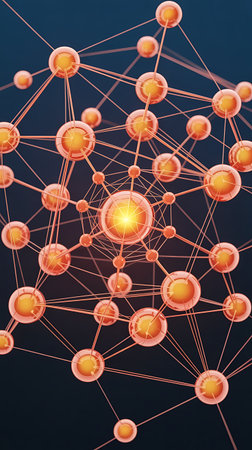 Digital Network Visualization with Radiant Central Node and Glowing Orange Spheres Forming Complex Web Structureの素材