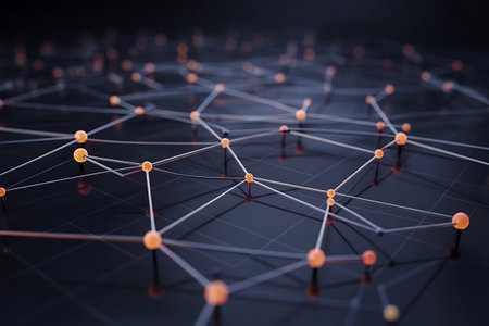 Complex System Network with Glowing Orange Nodes and Lines Representing Digital Connectivity and Data Flowの素材
