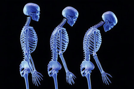 Skeletal representation showing progressive forward head posture on black backgroundの素材