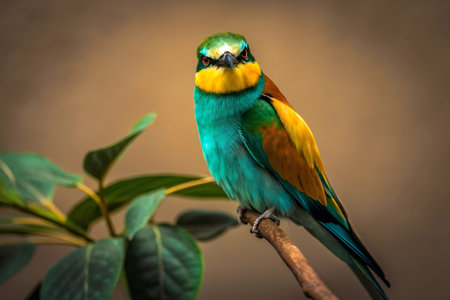 A colorful bird perched on a branch with green leaves in the backgroundの素材