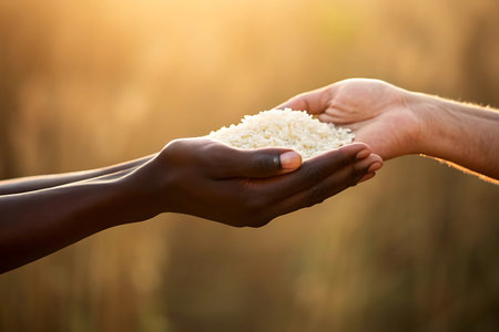 Hands of different colors holding rice grains in a gesture of sharing loveの素材
