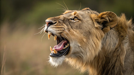 Close up of a lion roaring with mouth open showing teeth and pink tongueの素材