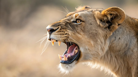 Close up of a lioness roaring with its mouth open showing sharp teethの素材