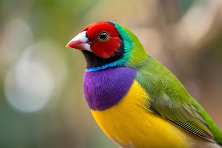 Close up shot of a colorful gouldian finch perched on a branch outdoorsの素材