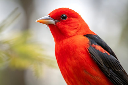 Close up portrait of a scarlet tanager bird perched on a branch outsideの素材