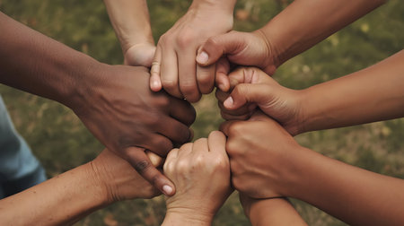 Close up of diverse hands joined together in a circle of collaborationの素材