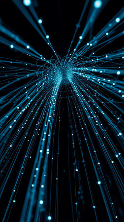 Glowing blue lines converging in a dark space creating a tunnel effectの素材