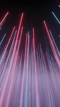 Abstract view of neon lights in pink and blue rising into the dark skyの素材
