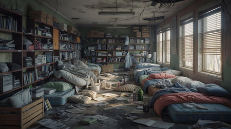 A rundown room turned into a makeshift shelter with beds shelves of supplies and debris scattered across the floorの素材