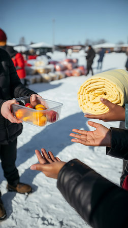 Humanitarian aid handed out in snowy crisisの素材