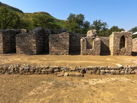 Heritage Buddhist residential rooms with stone walls and doorways Mohra Muradu Taxila ruinsの写真素材