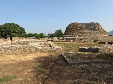 Ancient Buddhist heritage of Dharmarajika Stupa complex in Taxila Pakistan showing ruins and sacred architectureの写真素材