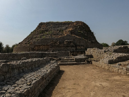 Dharmarajika stupa ruins in Taxila showing ancient Buddhist site where mostly old stone walls remain from past centuries pakistanの写真素材