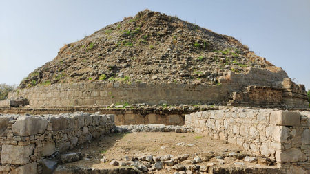 Panoramic view of Dharmarajika Stupa with ancient Buddhist ruins in Taxila pakistanの写真素材