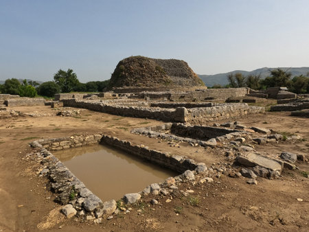 Ancient Buddhist heritage of Dharmarajika Stupa with sacred pond and smaller stupas in Taxila ruins pakistanの写真素材